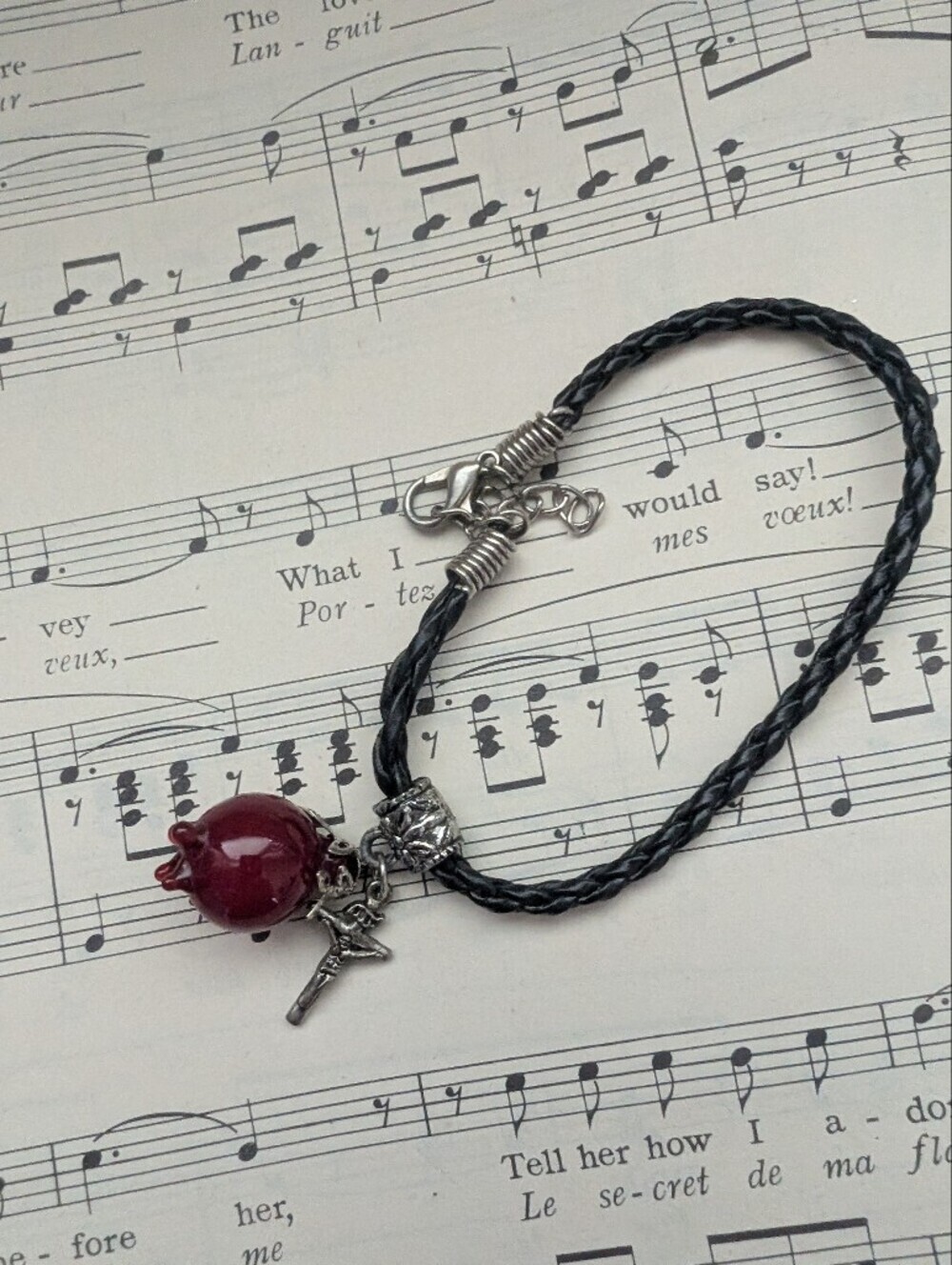 Black Braided Cord Bracelet with Red Glass Pomegranate Charm